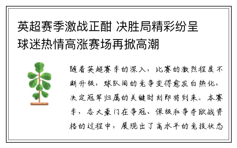 英超赛季激战正酣 决胜局精彩纷呈 球迷热情高涨赛场再掀高潮